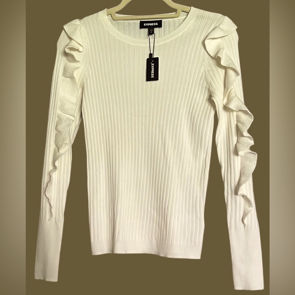 EXPRESS Solid Cream Color Ribbed Ruffle Detail Long Sleeve Sweater, Small, NWT.